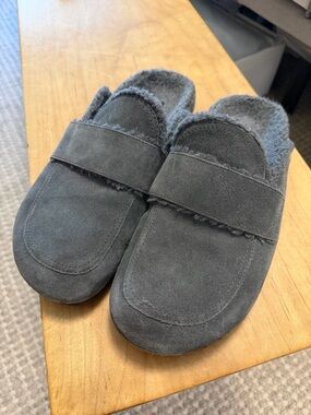 James Perse Cozy Grey Shearling Suede Slip-On Mule Slippers